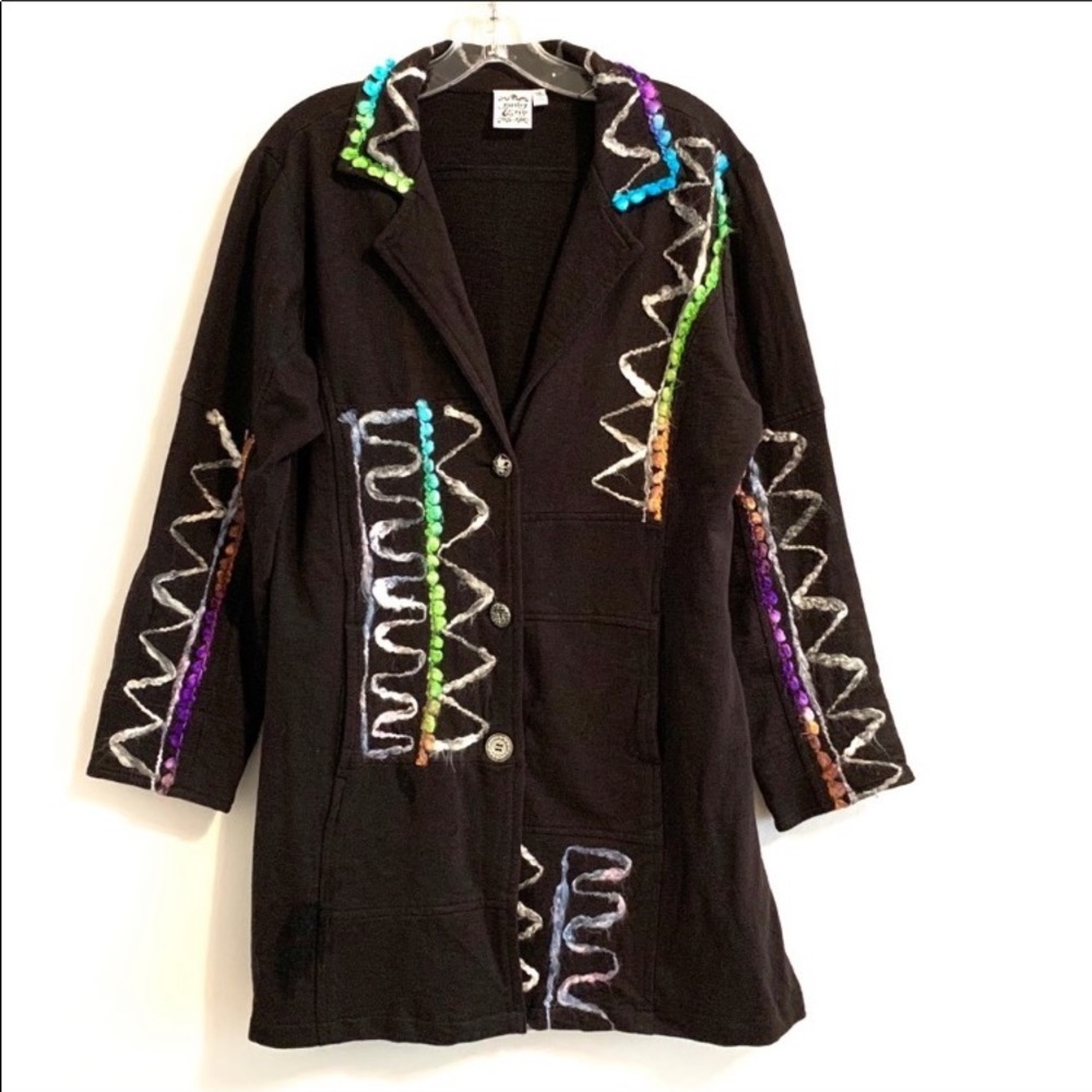 Coat Twee Artsy Black Colorful Embroidery Art To Wear Lightweight Jacket